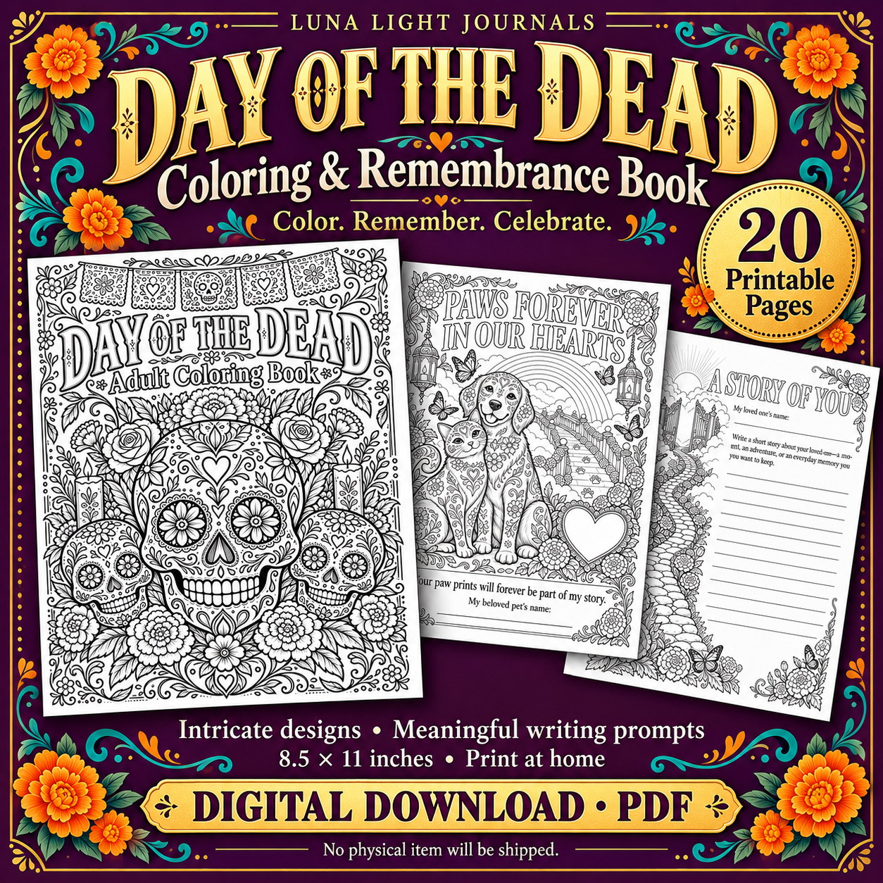 Day of the Dead Coloring Book for Adults | Sugar Skulls & Remembrance Journal | 20 Printable Pages | Instant PDF Download